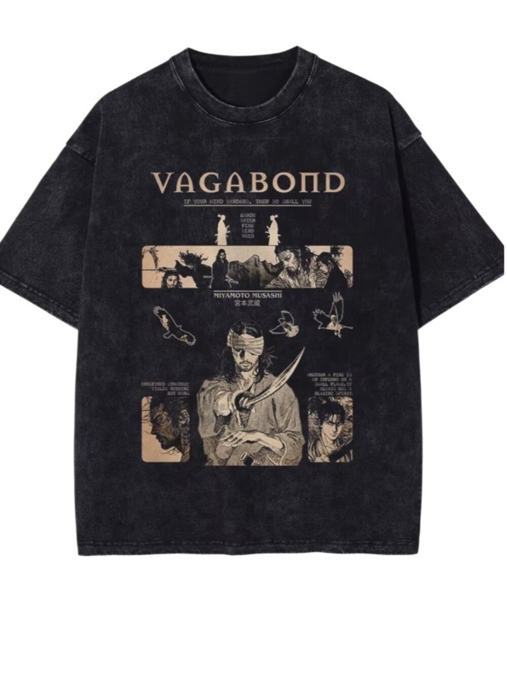 #A73 Vagabond Black Graphic Short-Sleeve Tee with Beige Print